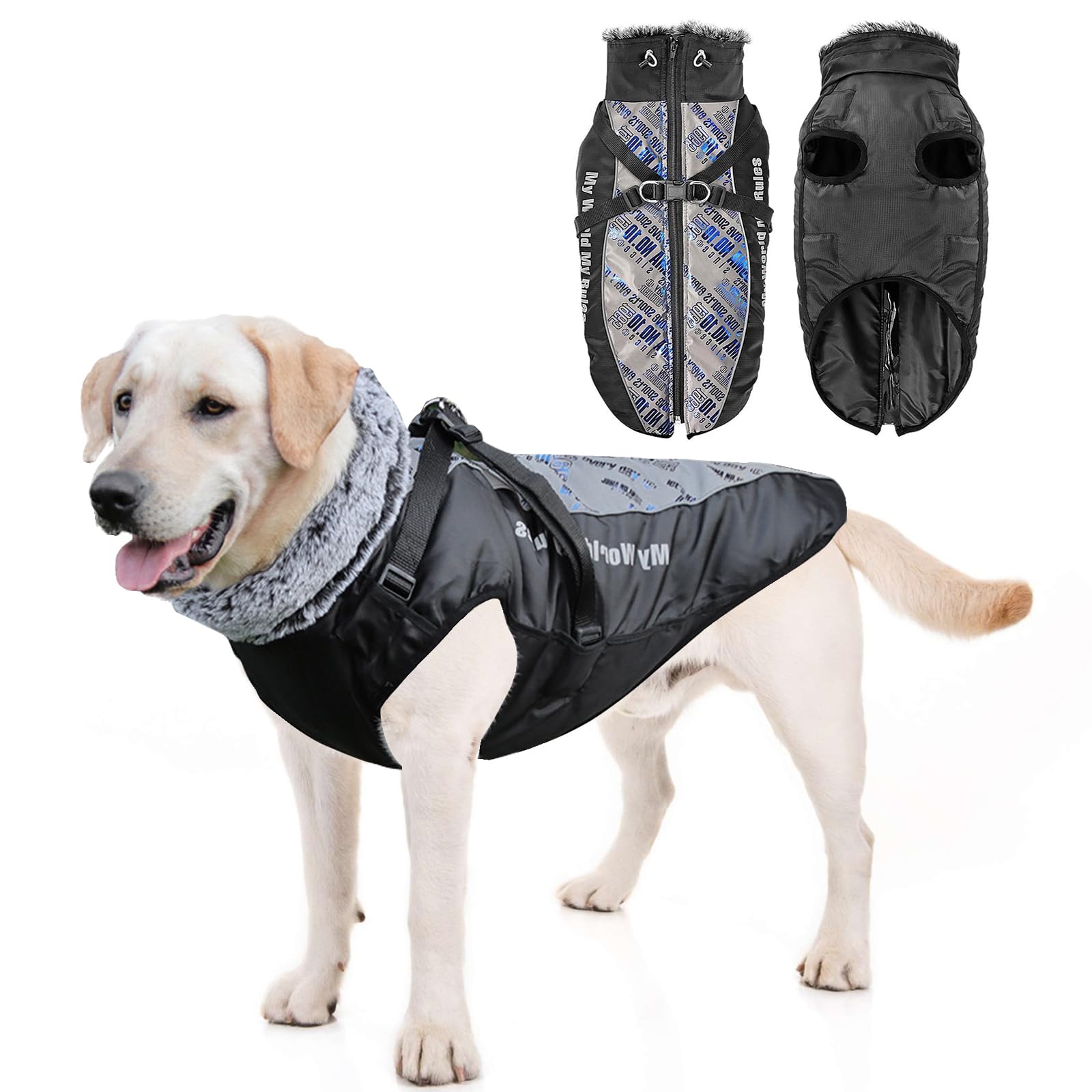 PETCUTE Dog Coat Waterproof with Harness,Adjustable Dog Coats with Reflective Strap,Small Pet Jackets with Harness and Zipper for Small Medium Large Dogs,2XL