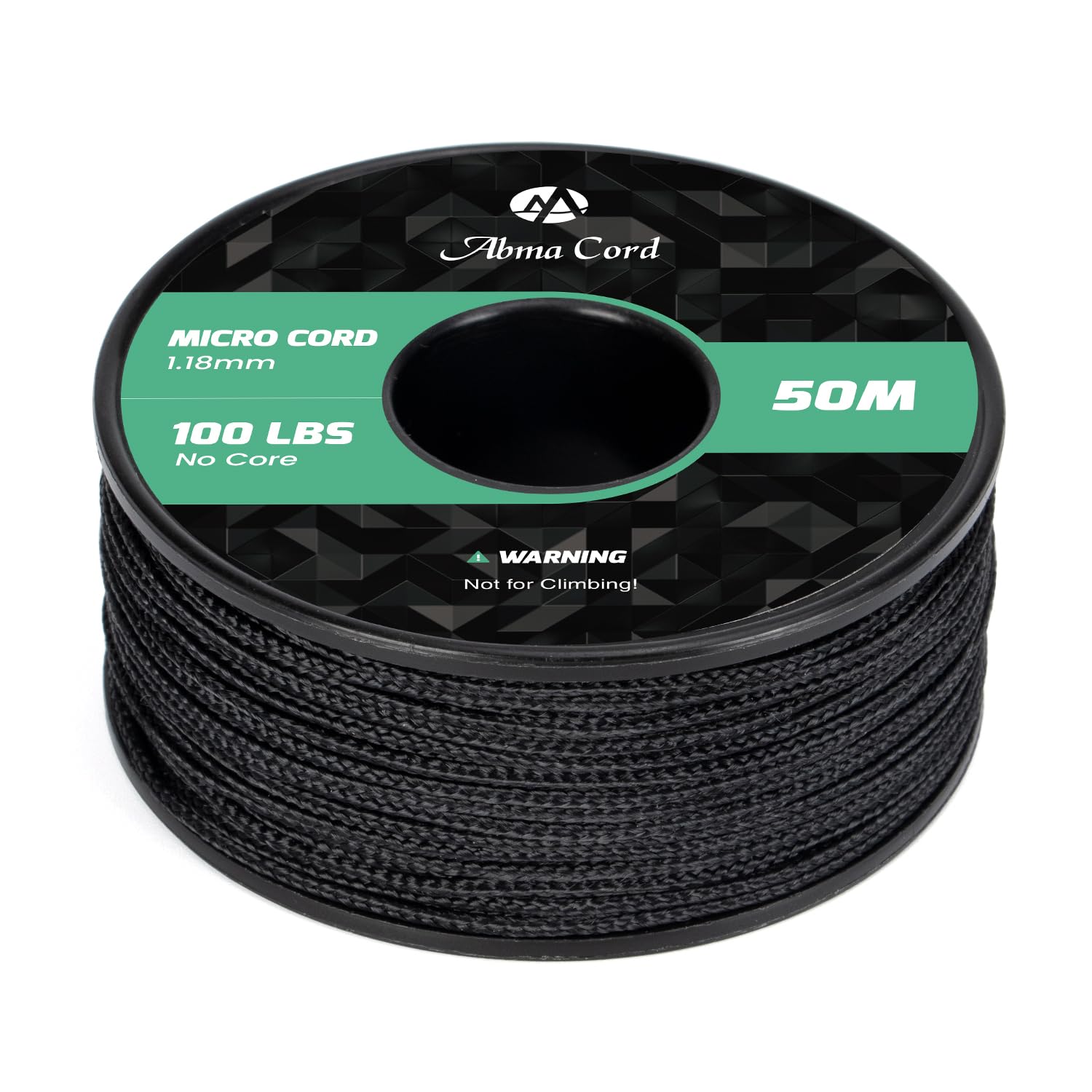 Abma Cord Micro Cord 1.18mm Paracord 50M Spool Utility Cord Braided Cord - Max. 45kg (100lbs) - Black