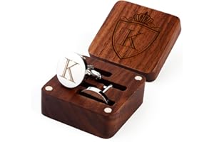 PROPHET CLUE PC Mens Initial Silver Cufflinks A-Z Alphabet Letter Steel Cuff Links with Engraved Walnut Wood Box Groom Groomsman Wedding Set…