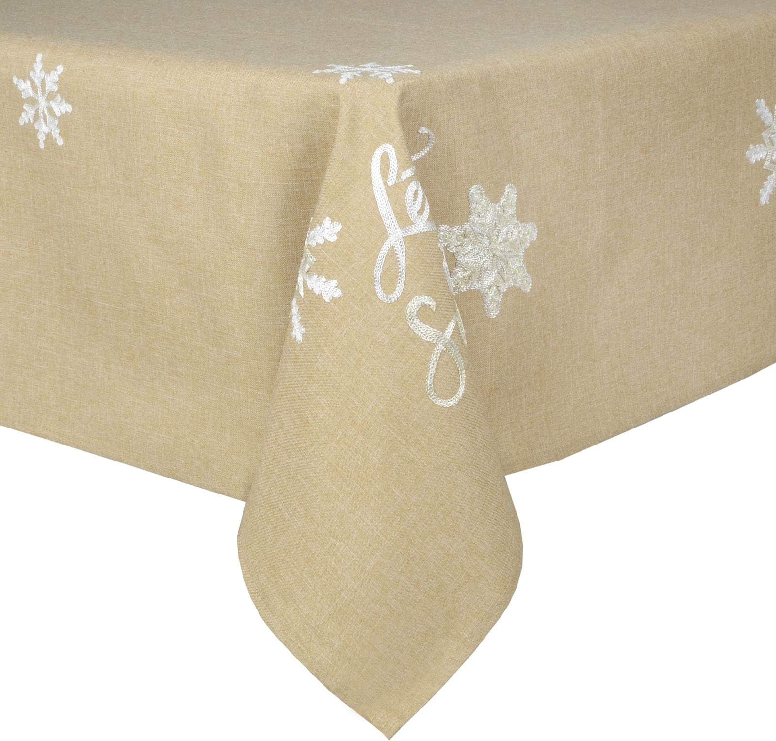 Christmas Tablecloth Beige Rectangle Shape Fabric Material Cover For Xmas Dinner Table With White Let It Snow Embroidered Text Snowflakes 52x90"