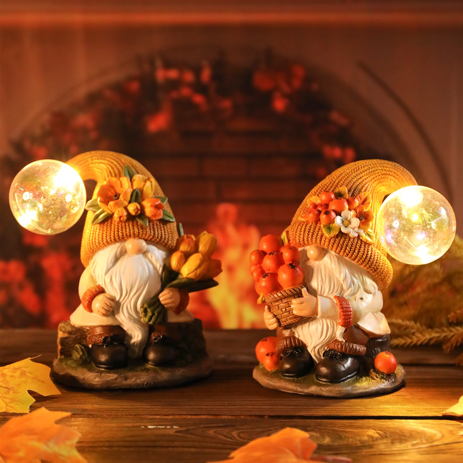 Photo 1 of Ovewios Fall Gnomes Statue - Lighted Resin Gnomes Figurines for Home, Autumn Thanksgiving Decorations Gnome Gifts for Indoor Kitchen Tabletop Festival Party Decor, Set of 2