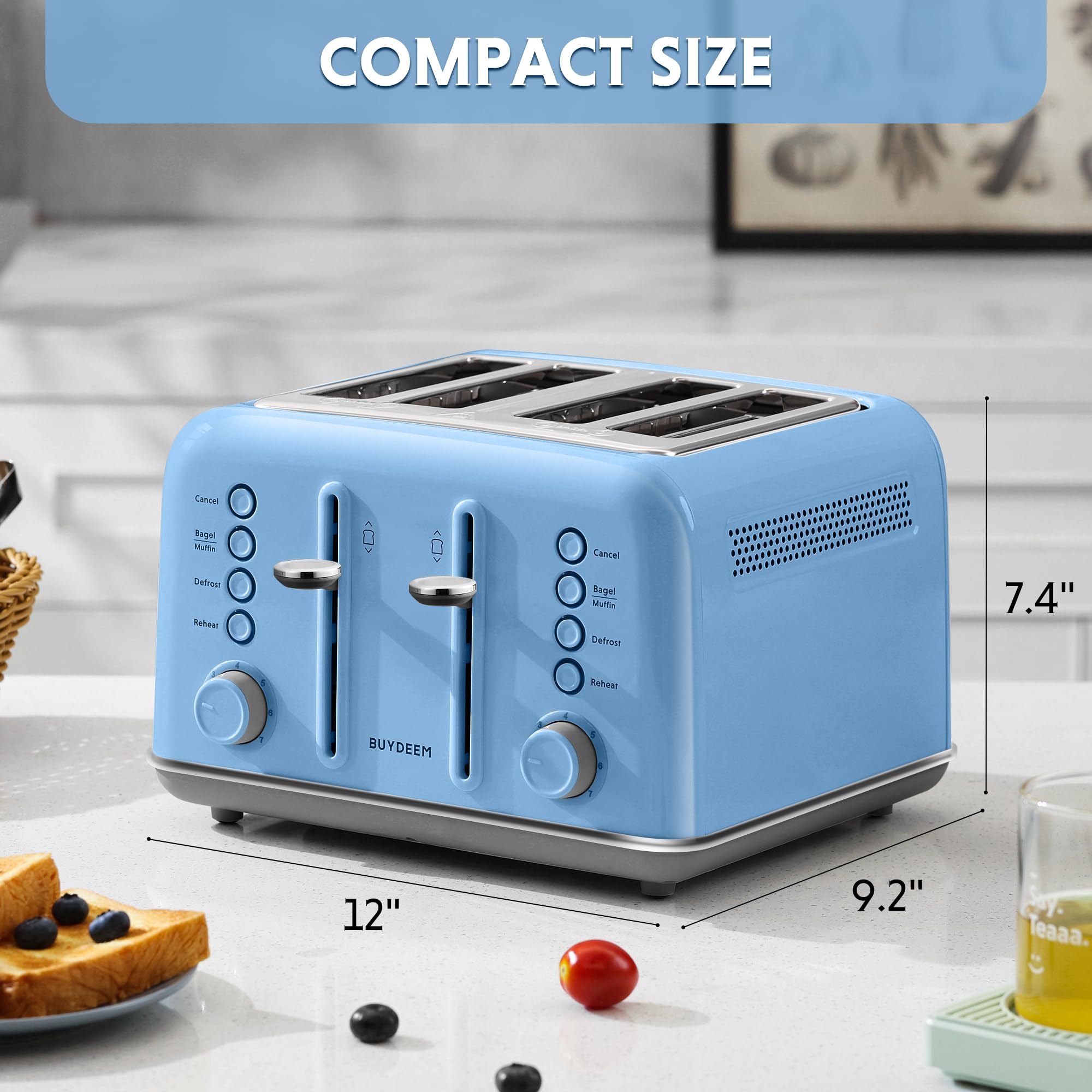 BUYDEEM DT640 Tostadora de 4 Rebanadas, Ranuras Extra Anchas, Acero Inoxidable Retro con Palanca de elevación Alta, función de Bagel y Muffin, Bandeja para Migas extraíble, Ajustes de 7 Sombras,Azul