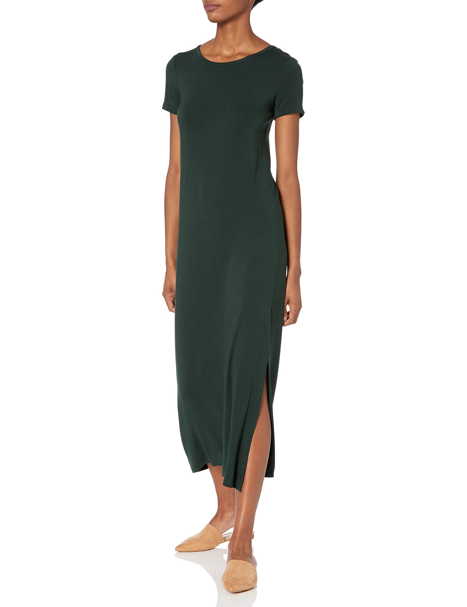 Photo 1 of Amazon Essentials Women's Jersey Standard-Fit Short-Sleeve Crewneck Side Slit Maxi Dress (Previously Daily Ritual), Deep Green, Small