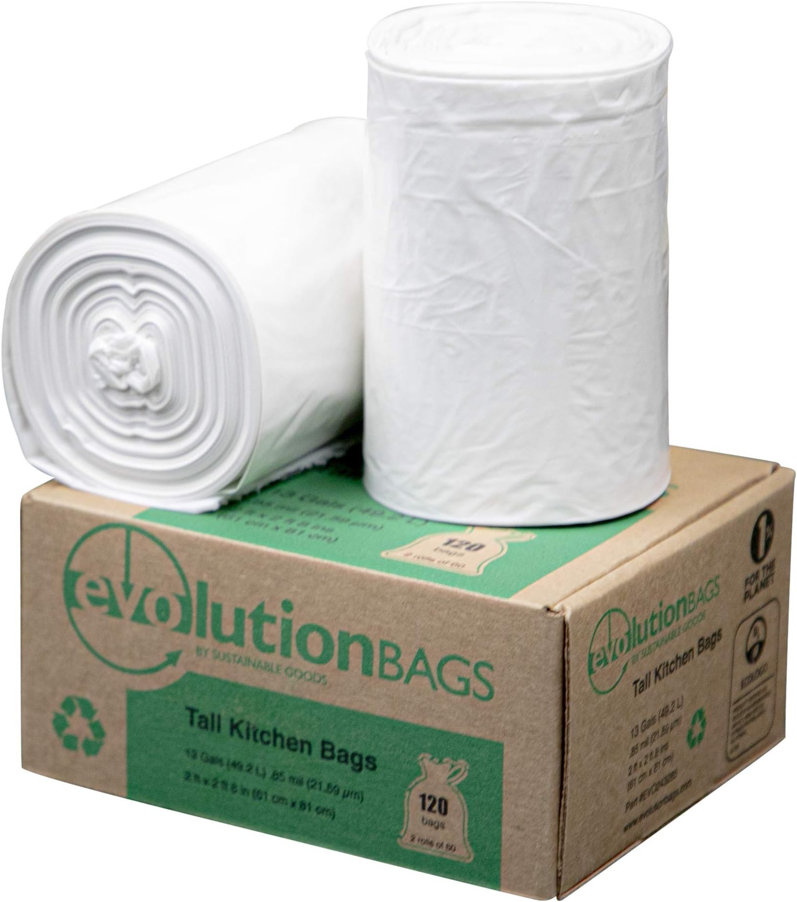 Evolution Trash Bags: Tall Kitchen Trash Bag, 120 bags/box, made with 70% CERTIFIED PCR material