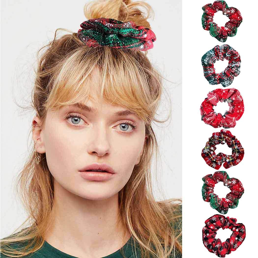 IYOU Christmas Hair Scrunchies Elastic Ponytail Holder Bands Red Christmas Hair Accessories for Women and Girls (pack of 6)