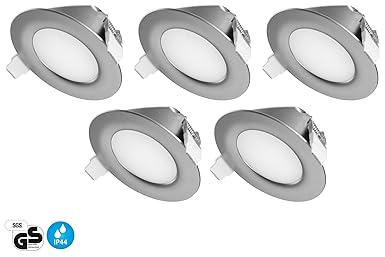 Ultra Flach LED Einbaustrahler IP44 für den Wohnbereich |auch für das Bad geeignet| Warmweiß 4W 230V Rahmen Silber-Grau Rund 