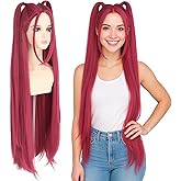 morvally 39 Inches Long Red Wig with 2 Ponytails for Women - Anime Cosplay Wigs for Womens Halloween Costume Party (Red, Adults)