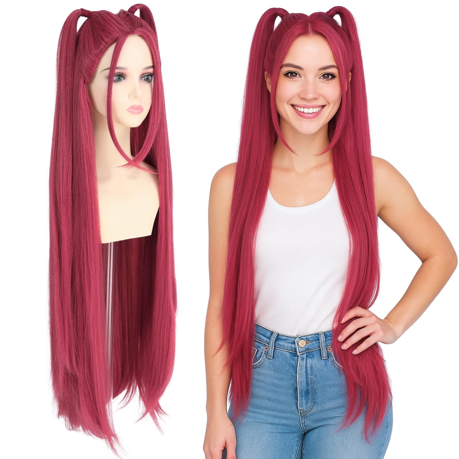 Photo 1 of morvally Long Red Wig with 2 Ponytails for Women - Anime Cosplay Wigs for Womens Halloween Costume Party (Red, Adults)