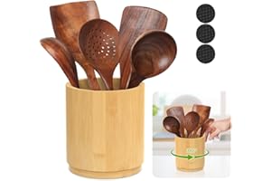 Wooden Utensil Holder, 360°Rotating 6.5'' Large Utensil Holder for Kitchen Counter, Cooking Utensil Crock, Farmhouse Kitchen 