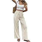 MakeMeChic Women's Striped Linen Pants High Waist Tie Front Drawstring Palazzo Pant Trousers