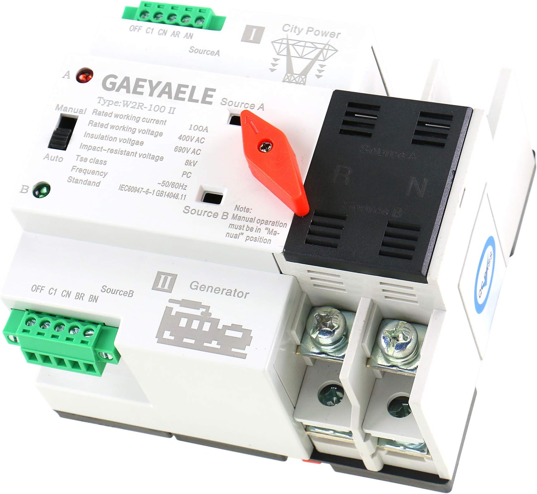 GAEYAELE W2R Mini ATS 2P Automatic Transfer Switch Electrical Selector Switches Dual Power Switch Din Rail Type ATS 63A 100A (W2R 2P 100A)
