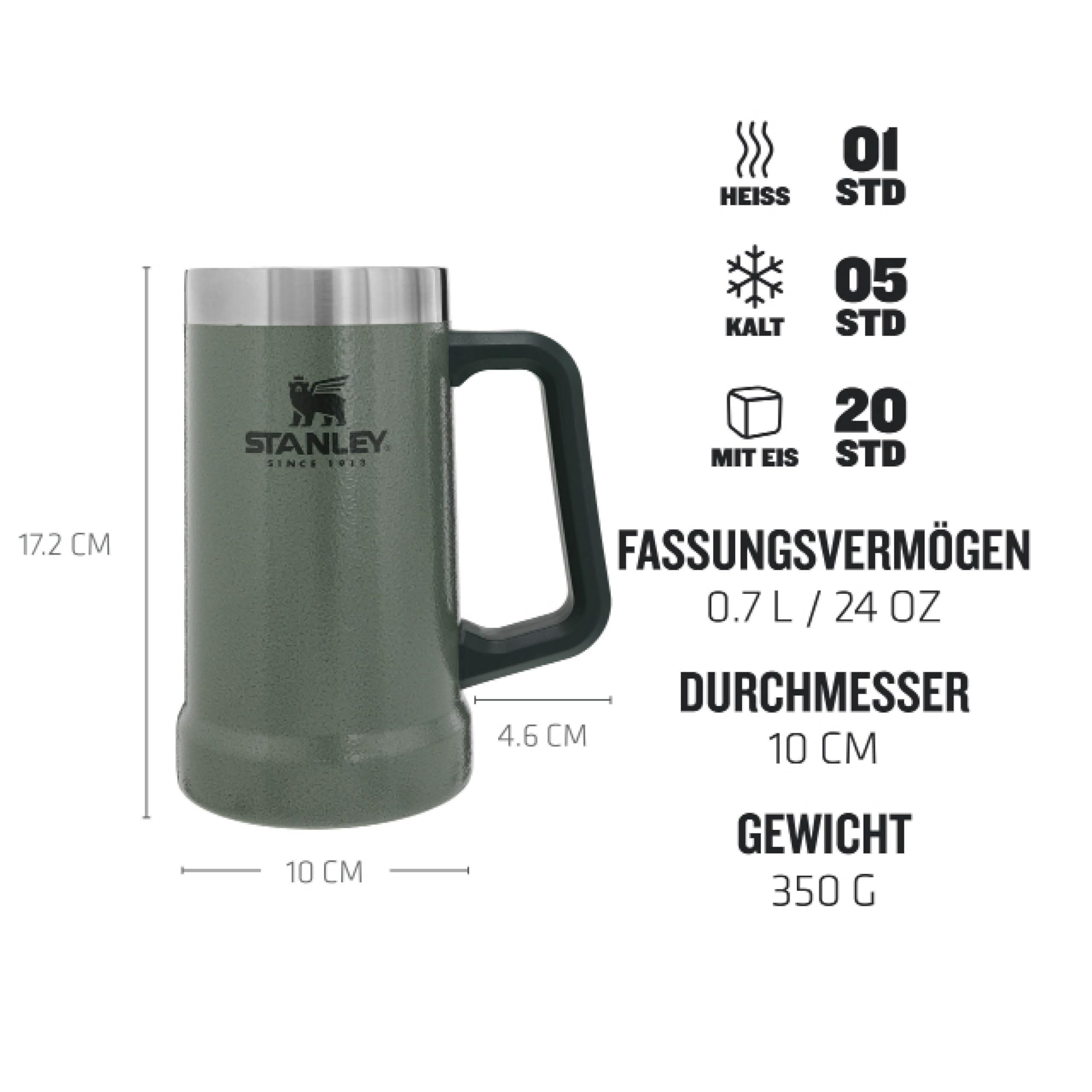 STANLEY 1913 Adventure Vacuum Stein 709 ml - Thermobecher Mit Henkel Hält Bier Für 7 Stunden Kalt - Vintage-Inspirierte Thermo Bierkrug - Spülmaschinenfest - Hammertone Green 2