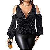 MakeMeChic Women's Plus Size Sparkly Party T Shirt Cold Shoulder Long Sleeve Tops