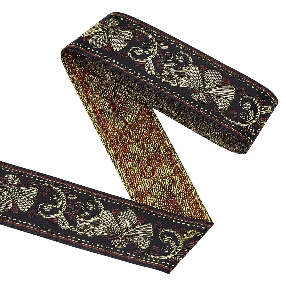 FINGERINSPIRE 10 Yard Jacquard Ribbon 50mm Black Ethnic Metallic Gold Ribbon Single Face Embroideried Lace Trim Floral Pattern Vintage Trim Embroidered Ribbon for DIY Clothing Accessories Decorations