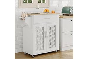 Tornama Kitchen Island with Storage, Rolling Kitchen Island on Wheels with Solid Wood Countertop, White Kitchen Island Cart with Rattan Storage Cabinet, Spice Rack, Towel Rack and Drawers