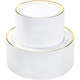 BESTVIP 200PCS Gold Plastic Plate, Disposable Party Plates | 100 Dinner Plates and 100 Dessert Plates, Plastic Plates for Party, Wedding and Birthday