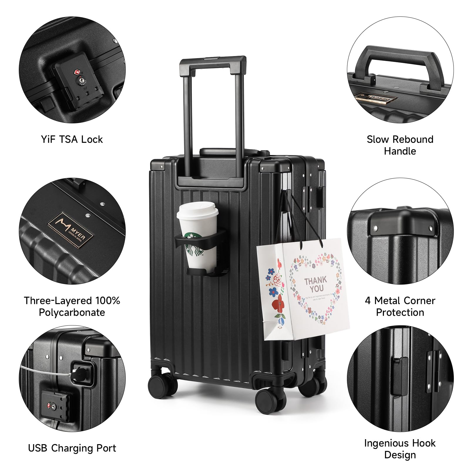 Hard Shell Carry On Luggage 22x14x9 Airline Approved,20 Inch Aluminum Luggage with 100% 3-Layer PC,Carry On Suitcases with Wheels,Cup Holder and USB Port (Classic Black, 20 inch)