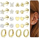 Beautidots Surgical Steel Cartilage Earrings for Women Flat Back Earrings 14K Gold Daith Conch Tragus Helix Piercing Jewelry Studs Hoop Earring Set for Multiple Piercing