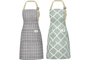 Riqiaqia 2 Pieces Aprons for Women with Pockets, Cotton Linen Waterproof Kitchen Cooking Aprons, Chef Apronfor Men Women with Adjustable Neck Strap and Long Ties(Grey/Green)