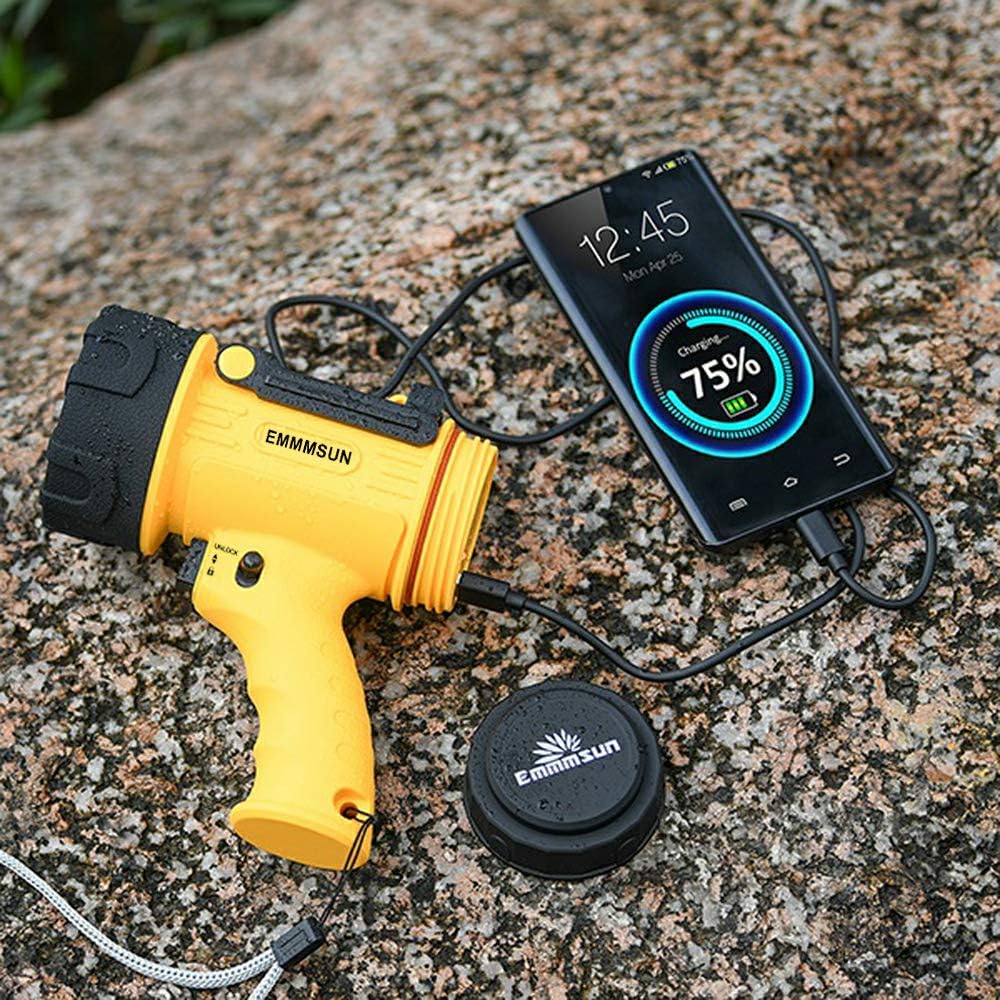 EMMMSUN Rechargeable Spotlight with 2000 Lumens, 3 Light Modes and USB Charger for Hiking, Camping, Boating, Hunting, IP67 Waterproof Handheld Flashlight - - 