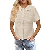 Saodimallsu Womens Short Sleeve Cropped Cardigans Casual Summer Button Down Collared Lightweight Loose Knit Sweater Top