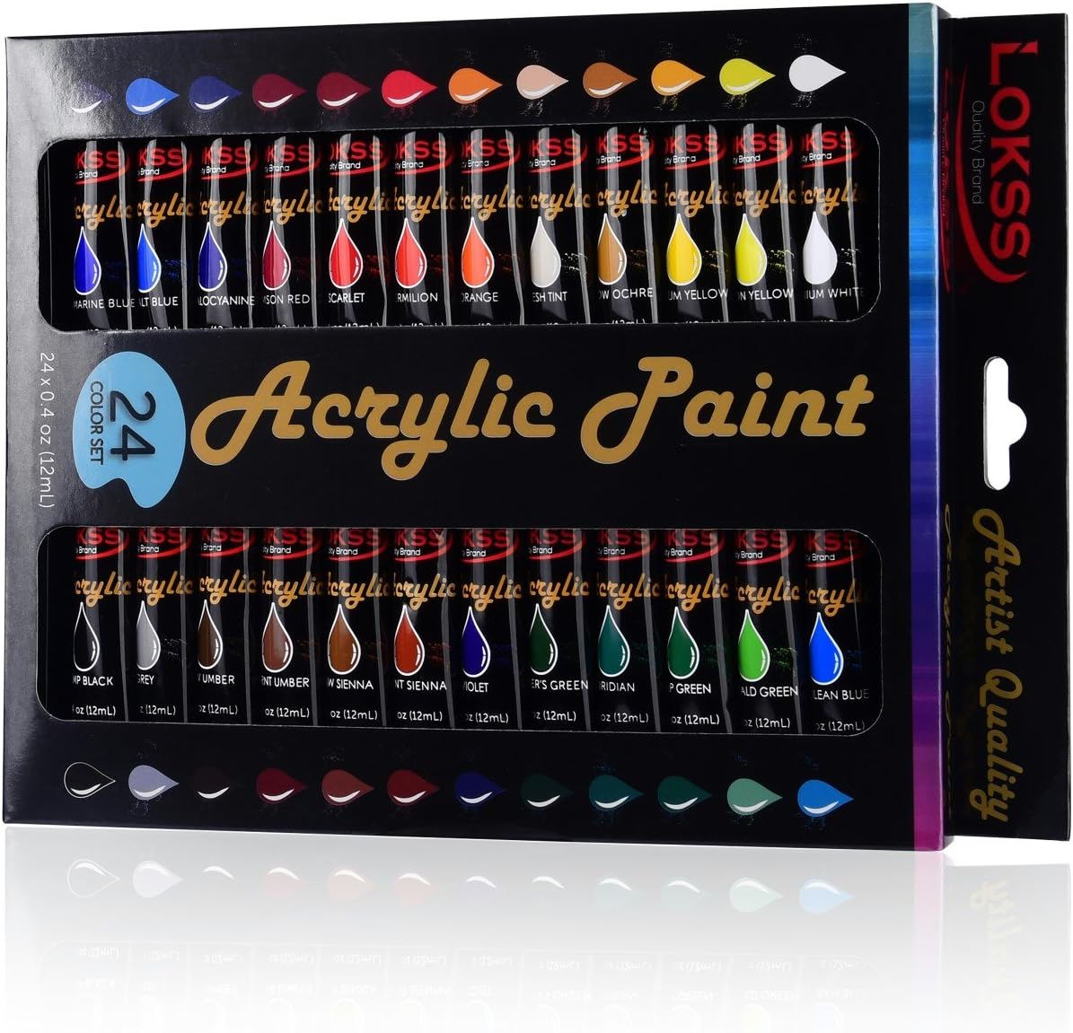 Acrylic Paint Set by Lokss - 24 Colors Professional Craft Kit - 12ML Big Tubes, Artist Grade! Canvas/Paper/Wood/Clay/Ceramic & Fabric Coverage. Best for Adults, Artists & Kids - Non Toxic