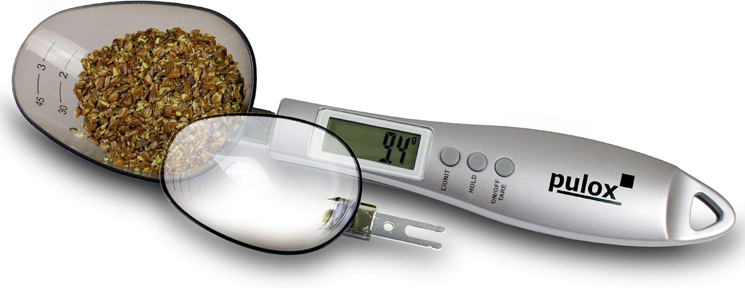 Löffelwaage PLW-100 von Pulox mit zwei Löffeln 25 ml und 45 ml von 0,1 g genau bis 300 g Tragkraft Digitale Küchenwaage, Feinwaage