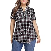 MONNURO Womens Plus Size Tops V Neck Plaid Shirts Summer Short Sleeve Work Casual Blouses