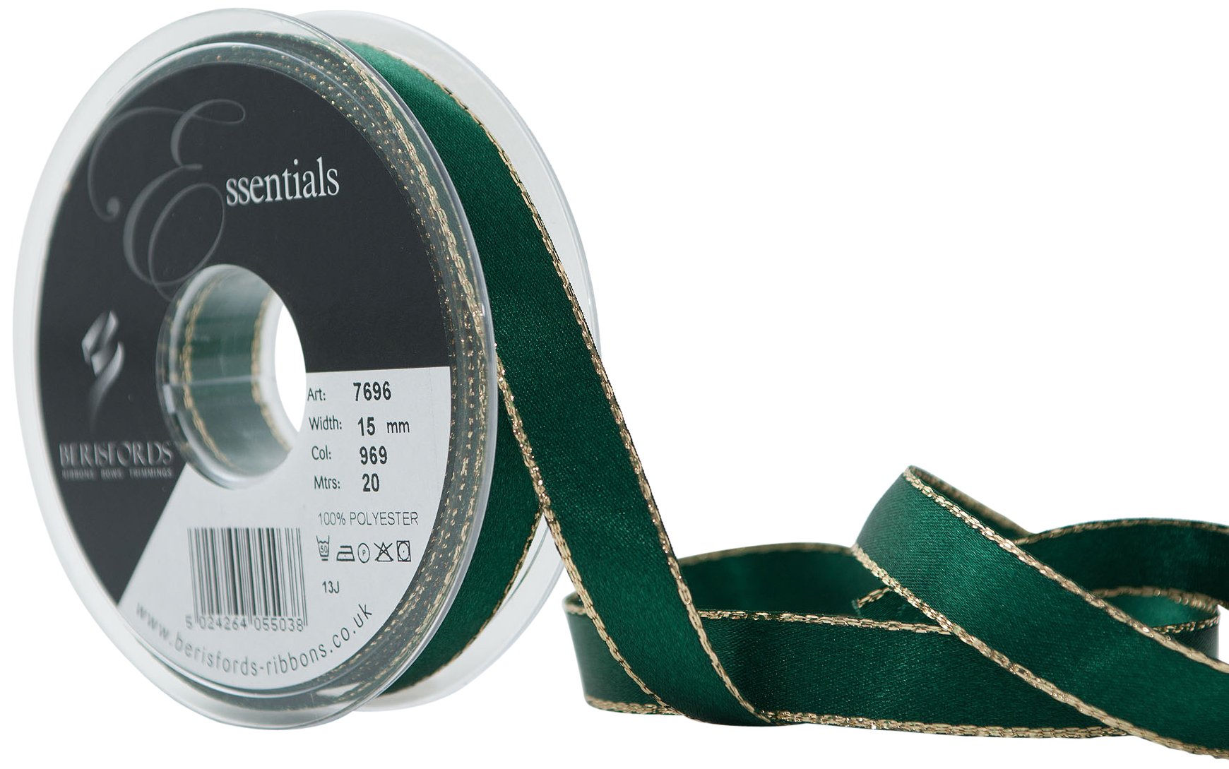 Berisfords 15 mm Gold Edge Satin Ribbon, Forest