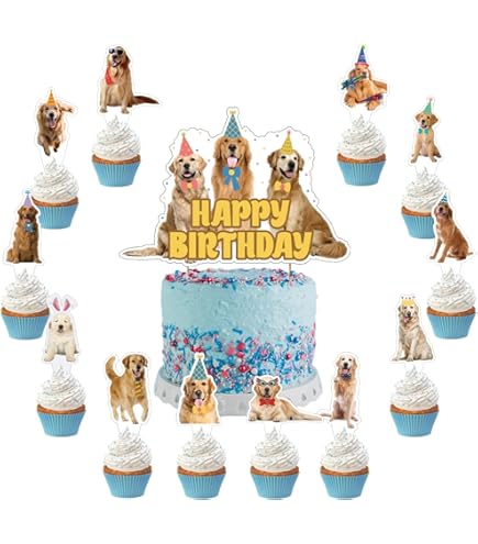 Golden Retriever Birthday Cake Topper - Sparkly Dog Puppy Theme Party Decor For Pet Birthday Celebrations