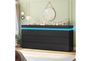 HAUOMS 9 Drawer Dresser with LED Light, Black Modern Chest of Drawers for Bedroom,Long Dresser with Drawers for Living Room, Entryway, Hallway