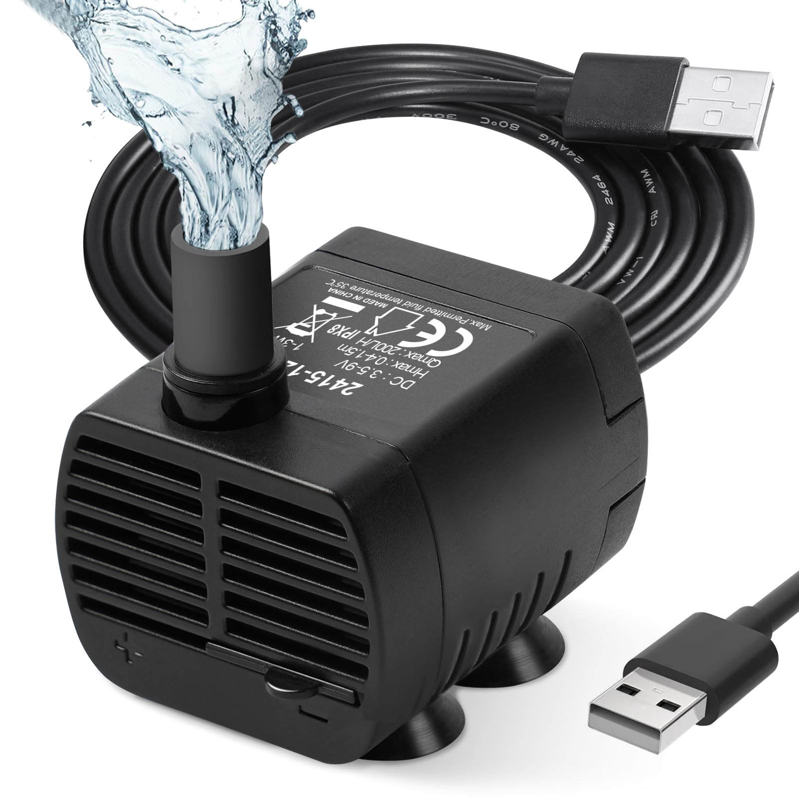 flintronic Submersible Water Pump, 200L/H USB Water Pump for Aquarium, Fish Tank, Statuary and Hydroponics DC 3.5-9V 1-3W(0.4-1.5m) #1 Black/Side Suction Cup