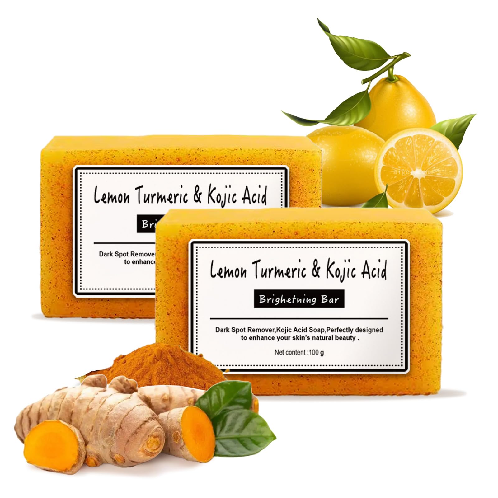 2PCS Lemon Turmeric and Kojic Acid Soap,Handmade Soap Bar Pure Soap Bar For Face and Body,Facial And Body Deep Cleansing, Firming Pores And Removing Pigments