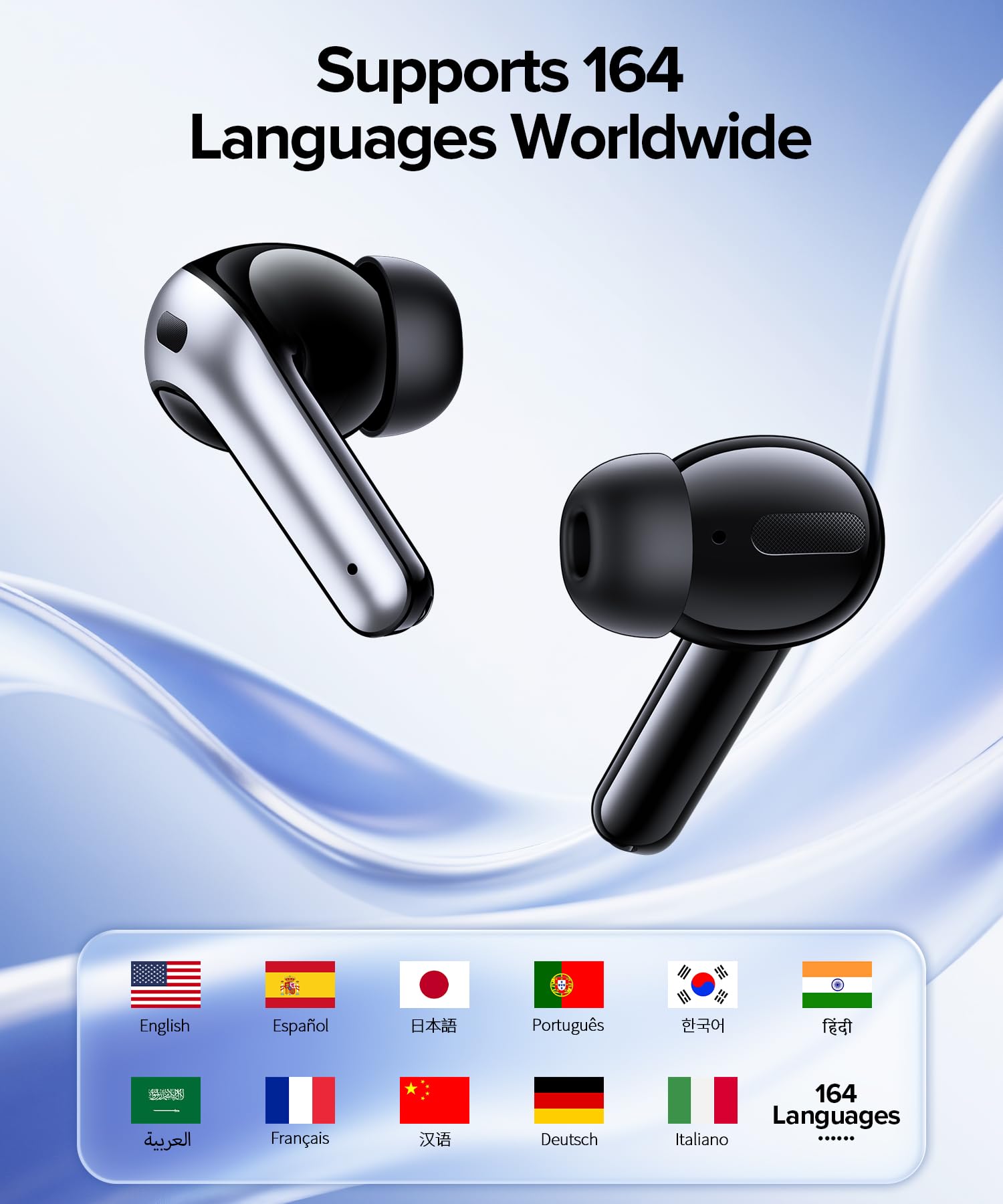 AI Translation Earbuds Real Time 164 Languages Translator Ear Buds Audifonos Traductores Inglés Español 70H Playtime Wireless Earphones AI Bluetooth Headphones for Travel Meeting Learning Black