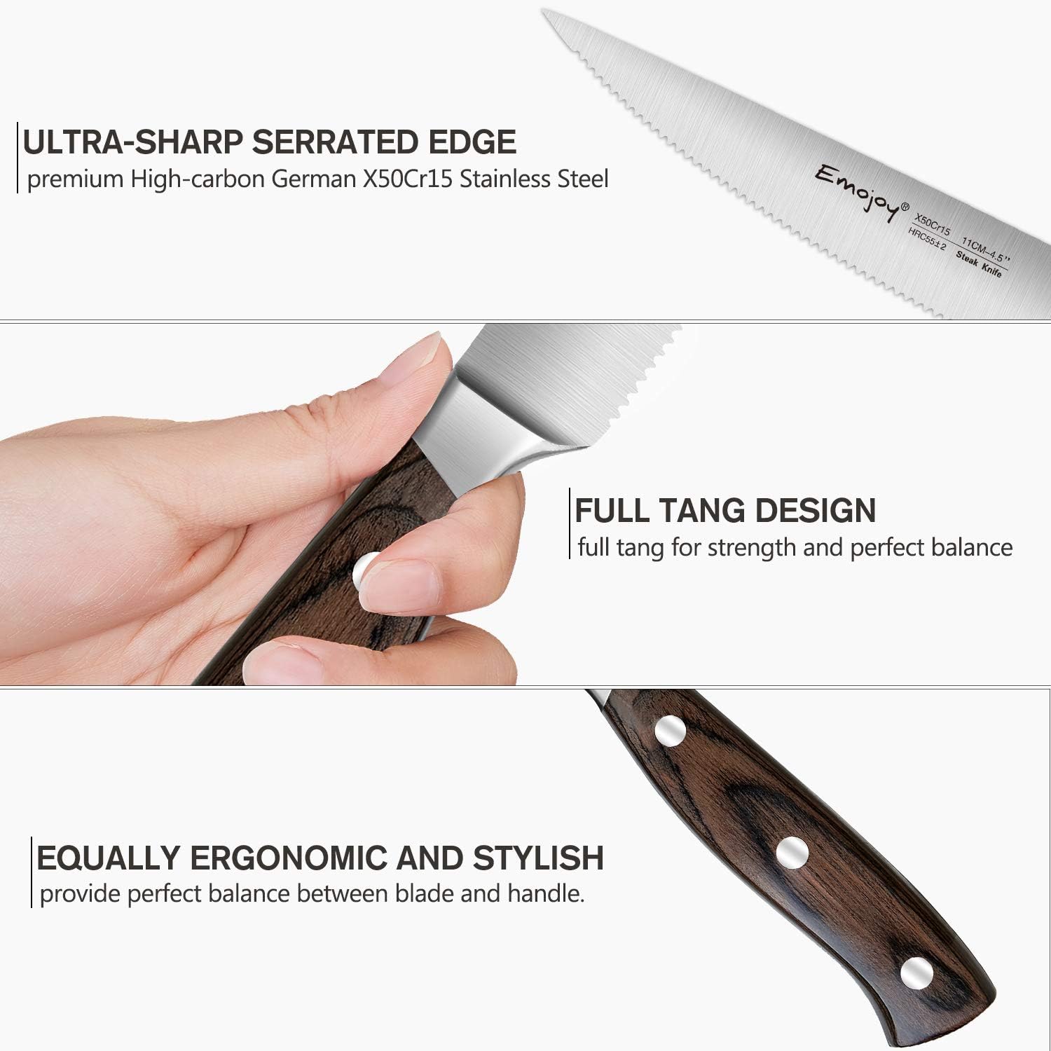 Steak Knife Set, Steak Knives with Wooden Handle, Emojoy Steak Knife Set, Steak Knives Set of 8, Serrated Steak Knife with Gift Box: Kitchen & Dining