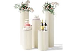 HEIMMA 5 Pack Portable White Cylinder Stands for Party, 31.5", 23.6", 15.7" Height Foldable Cardboard Tall Cake Pedestal Stand Pillar Table Stand, cilindros para fiestas redondos blancos for Wedding Parties