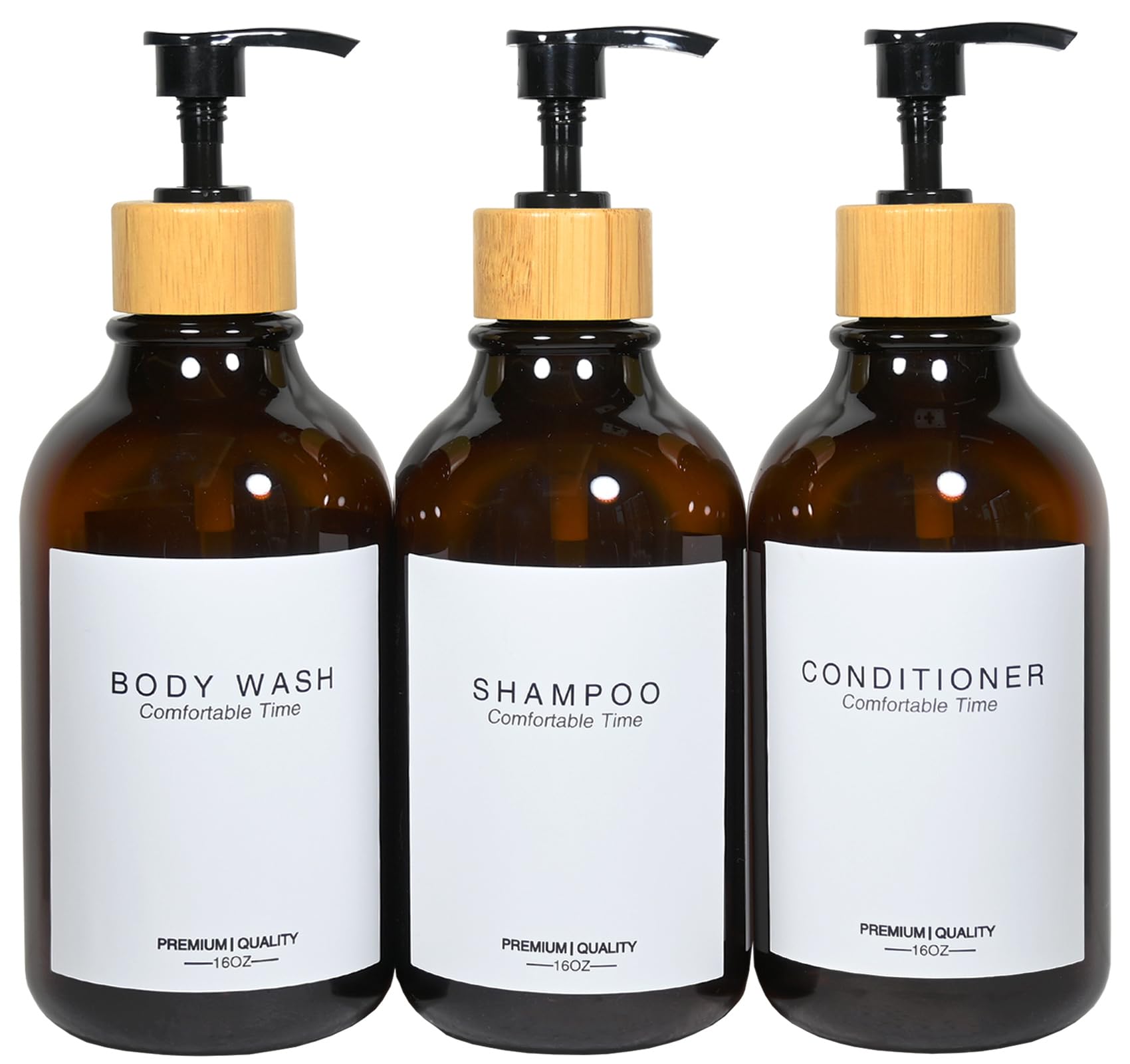 Shampoo and Conditioner Bottles, Apothecary Dispenser Bamboo Pump, Refillable Shampoo Bottles for Shampoo Lotion Oil Shower Soap Hand Soap and Dish Soap, Plastic Amber Set (Amber)