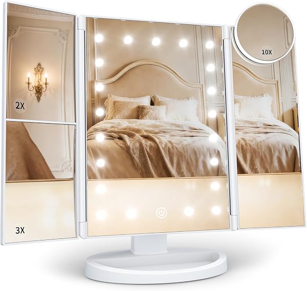 HUONUL Makeup Mirror, Vanity Mirror with Lights, 2X/3X/10X Magnification, Touch Control, Trifold, Dual Power Supply, Birthday