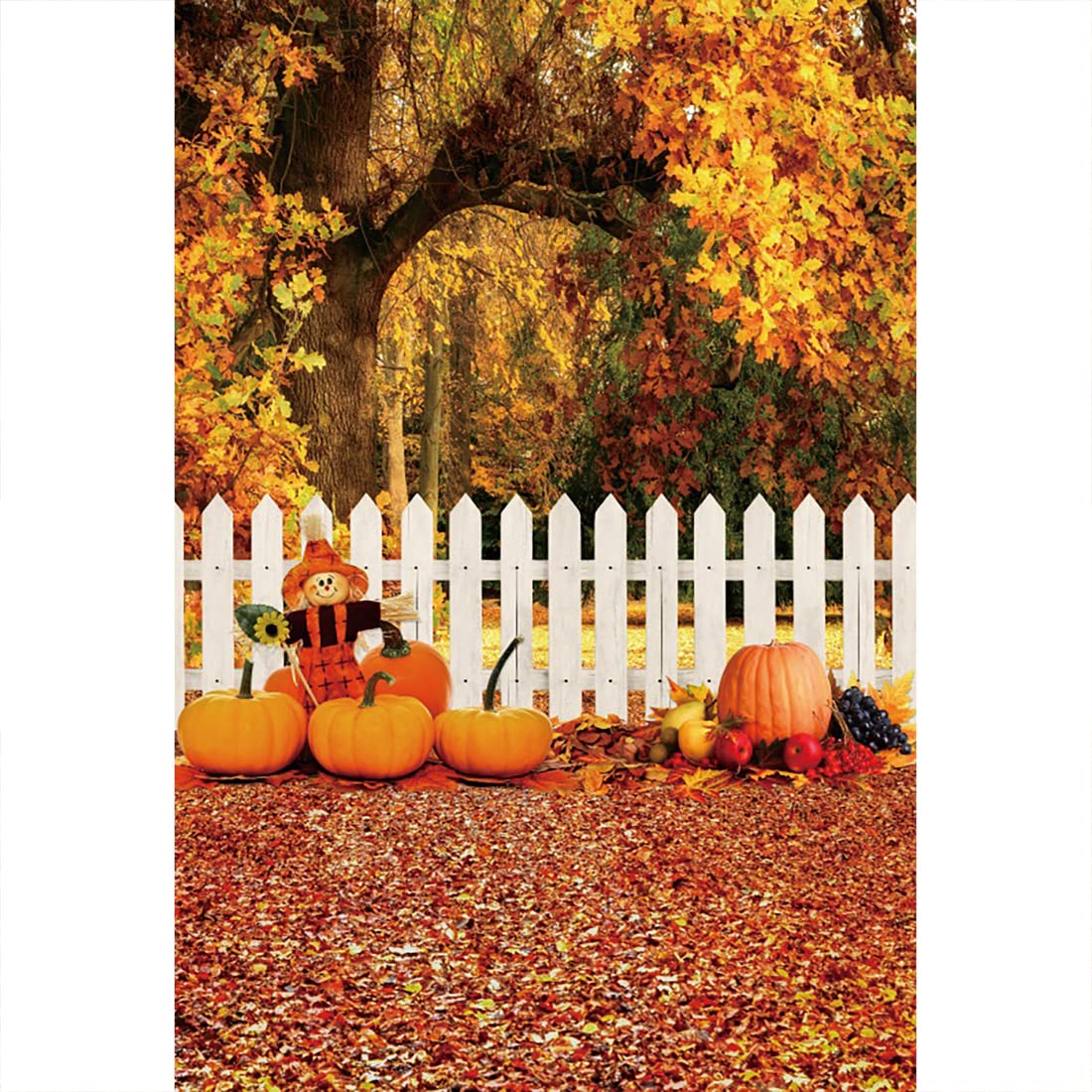 Aoihrraan 5x7ft Fall Thanksgiving Photography Backdrop Autumn Pumpkin Scarecrow Fence Maple Leaves Nature Scenery Background Thanksgiving Harvest Party Family Holiday Portrait Photo Studio Props
