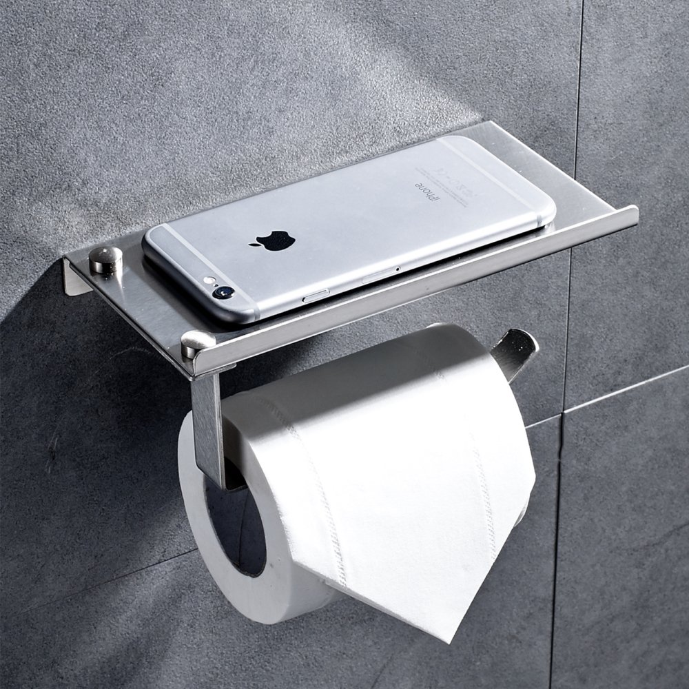 Velimax Toilet Roll Holder with Storage Shelf Wall Bracket Stainless Steel Bathroom Tissue Holder with Mobile Phone Shelf No Drilling Brushed