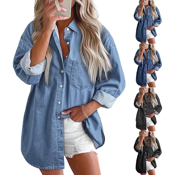 ZWRXW Women's Denim Shirts Casual Button Down V Neck Blouse