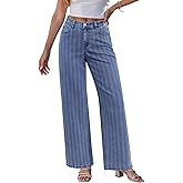 GRAPENT Striped Jeans for Women Trendy High Waisted Wide Leg Dressy Casual Slight Stretch Denim Pants Trouser Jeans