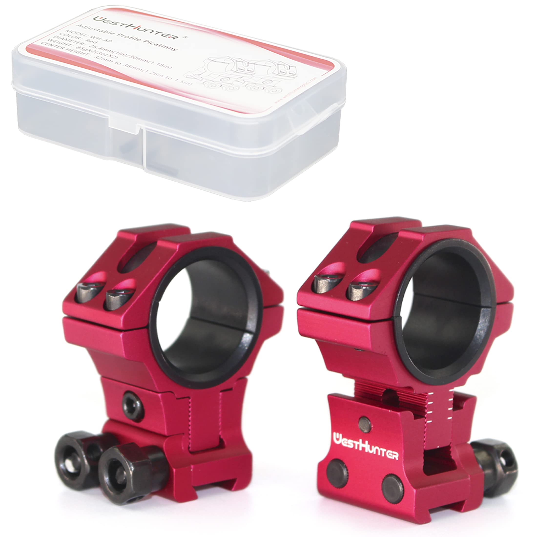 WestHunter Optics Adjustable Height Dovetail Scope Rings, 1 Inch 30 mm Precision Scope Mount | Red