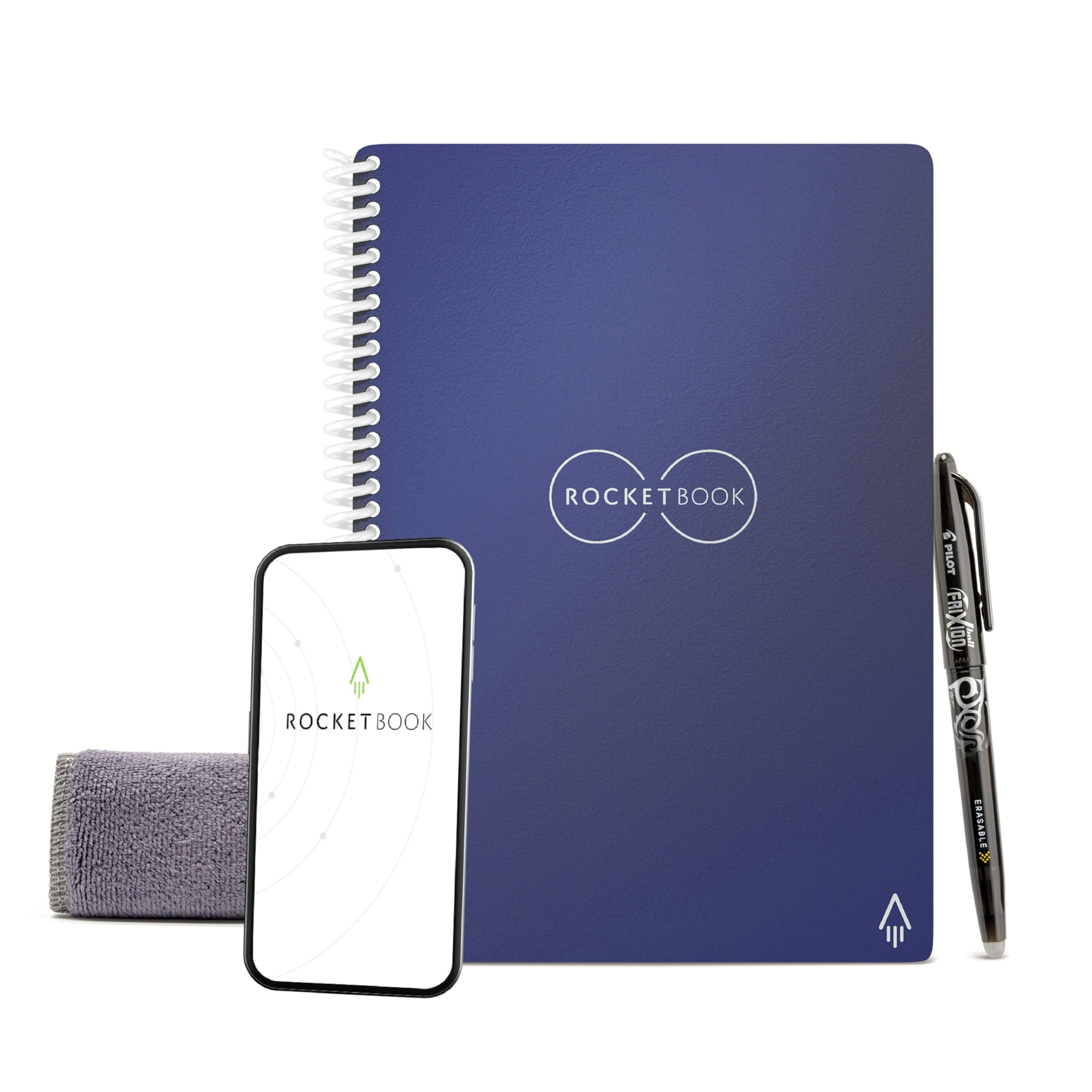 Rocketbook Reusable Digital Notebook - Smart Notepad A5 Blue - Spiral Note Book To Do List Pad, Lined Paper with Frixion Erasable Pen and Wipe, Office Gadget with Rocketbook App, Reduce Paper Waste