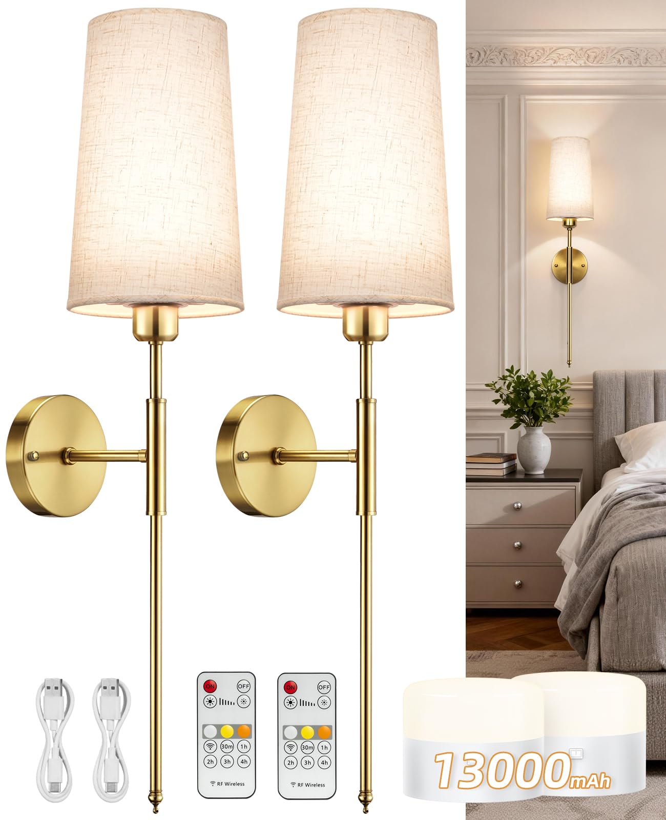 Photo 1 of NookNova Battery Operated Wall Sconce Set of 2, 13000mAh Rechargeable Battery Powered Sconces with Remote Dimmable Fabric Shade Wireless Sconces Fixture for Bedroom Living Room