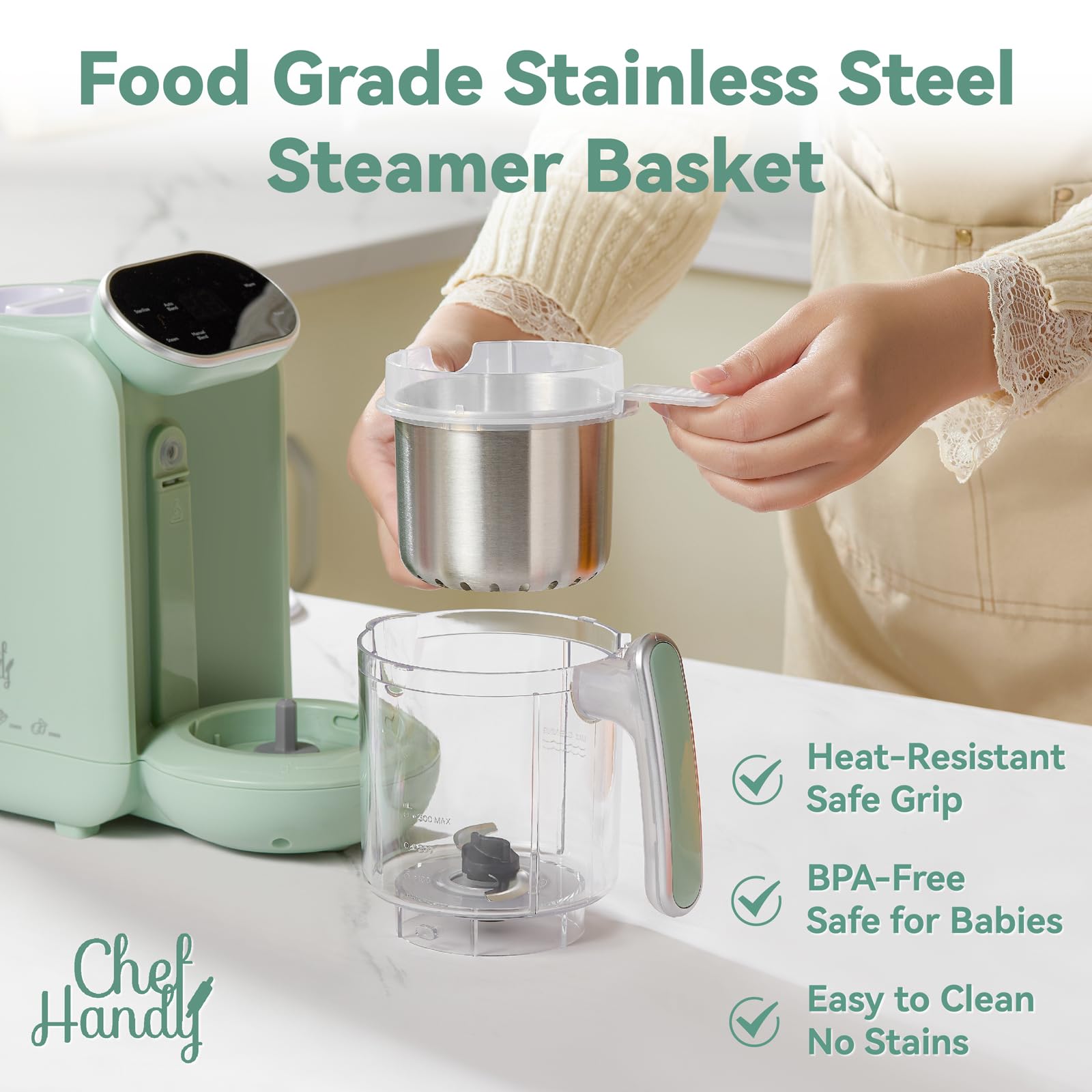 Baby Food Maker, 5 in 1 Baby Food Processor with Steaming Basket, Auto Cooking & Grinding, Touch Screen Control, Baby Steamer and Blender, Baby Food Puree Maker Warmer Mills Machine (Green)