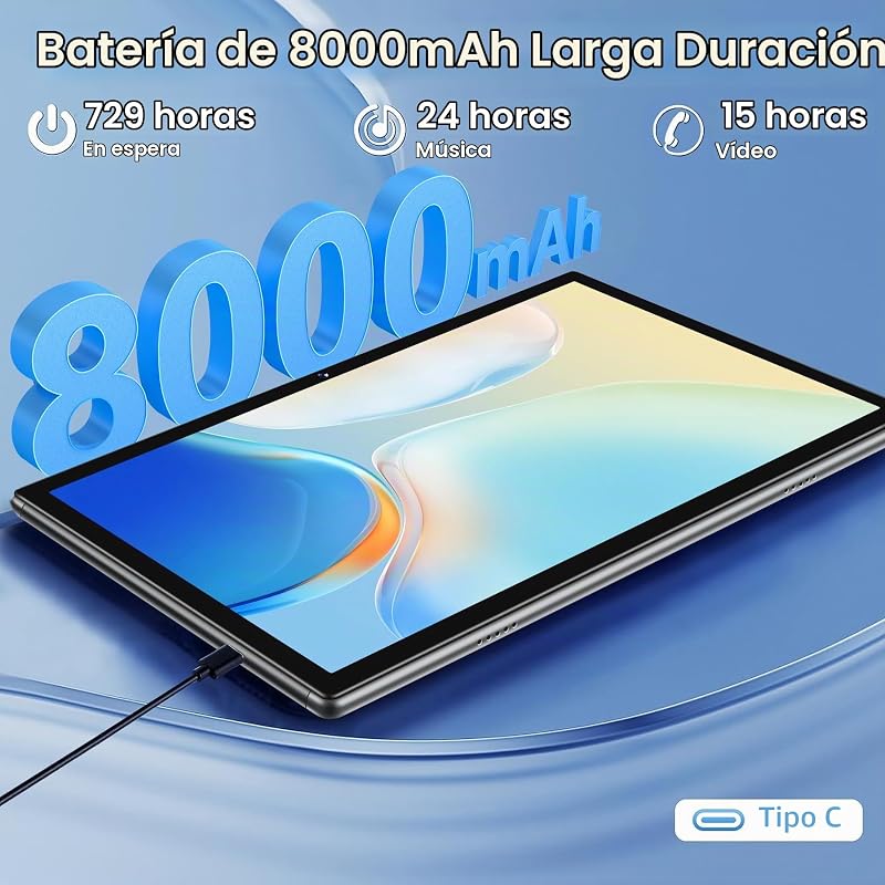 Tablet 10 Pulgadas Tablets Android, 14GB RAM+128GB ROM/TF 1TB, Octa-Core 2.0Ghz, 5G WiFi, BT 5.0, 3.5mm Audio, Batería 8000mAh, Cámara 5+8 MP, Widevine L1, Tablet con Funda, Ratón & Teclado - Gris