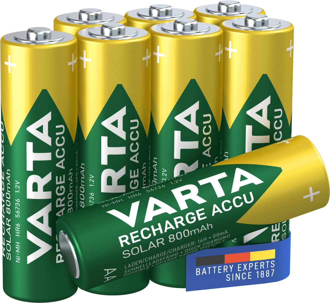 VARTA Batteries AA, rechargeable, pack of 8, Recharge Accu Solar, Akku, 800 mAh Ni-MH, ready to use, designed for solar garden lights