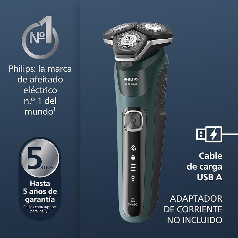 Serie 5000 Afeitadora Eléctrica Hombre, Máquina de Afeitar Barba con Recortadora, 45 cuchillas, Cuida la piel, 60min de uso, En Seco y Húmedo, Recargable, Funda, Base Carga, S5884/35, Verde — foto 2 de 7
