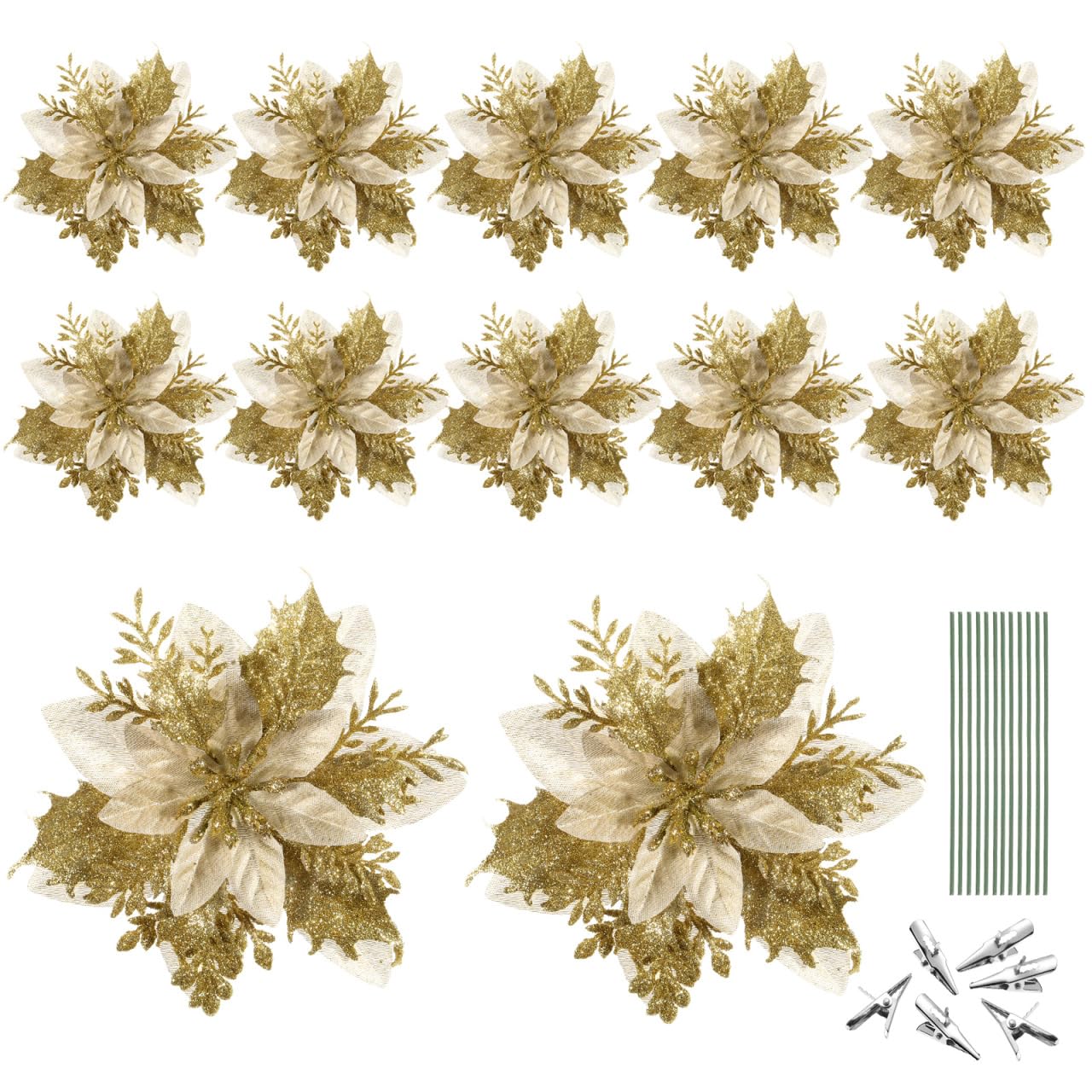 STOBOK 12Pcs Christmas Glitter Poinsettia Artificial Flowers Xmas Tree New Year Ornaments with Clips and Stems Wedding for Gold Christmas Tree Wreaths Garland Holiday Decoration (Gold)